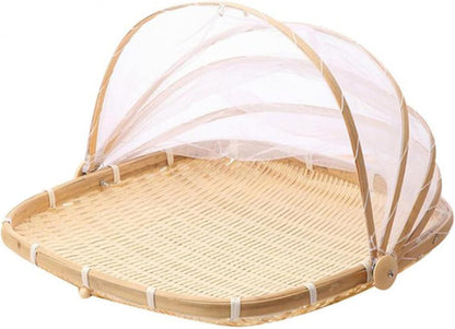 Fruit Basket with Cover 15x15 in Square Woven Bamboo Bread Basket with Lid Dust-Proof Mesh Wicker Food Serving Tent for Picnic Vegetable Fruits Meals