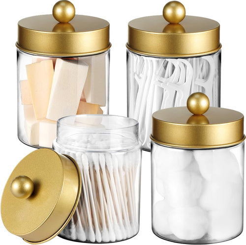 Amolliar Qtip Holder Dispenser - 8 oz Plastic Apothecary Jar Containers for Vanity Makeup Countertop Organizer Storage -Bathroom Canister Accessories Set for Cotton Swab, Ball, Pads, Floss-Gold (4)