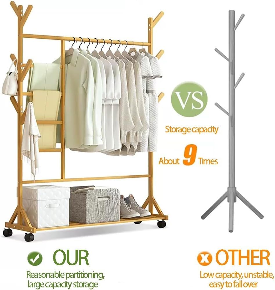 Generico Appendiabiti in bambù Resistente con Ruote e vano portascarpe - Supporto per Abiti Mobile per Camera da Letto, gruccia con Barre Appendiabiti, Organizer Elegante e Funzionale