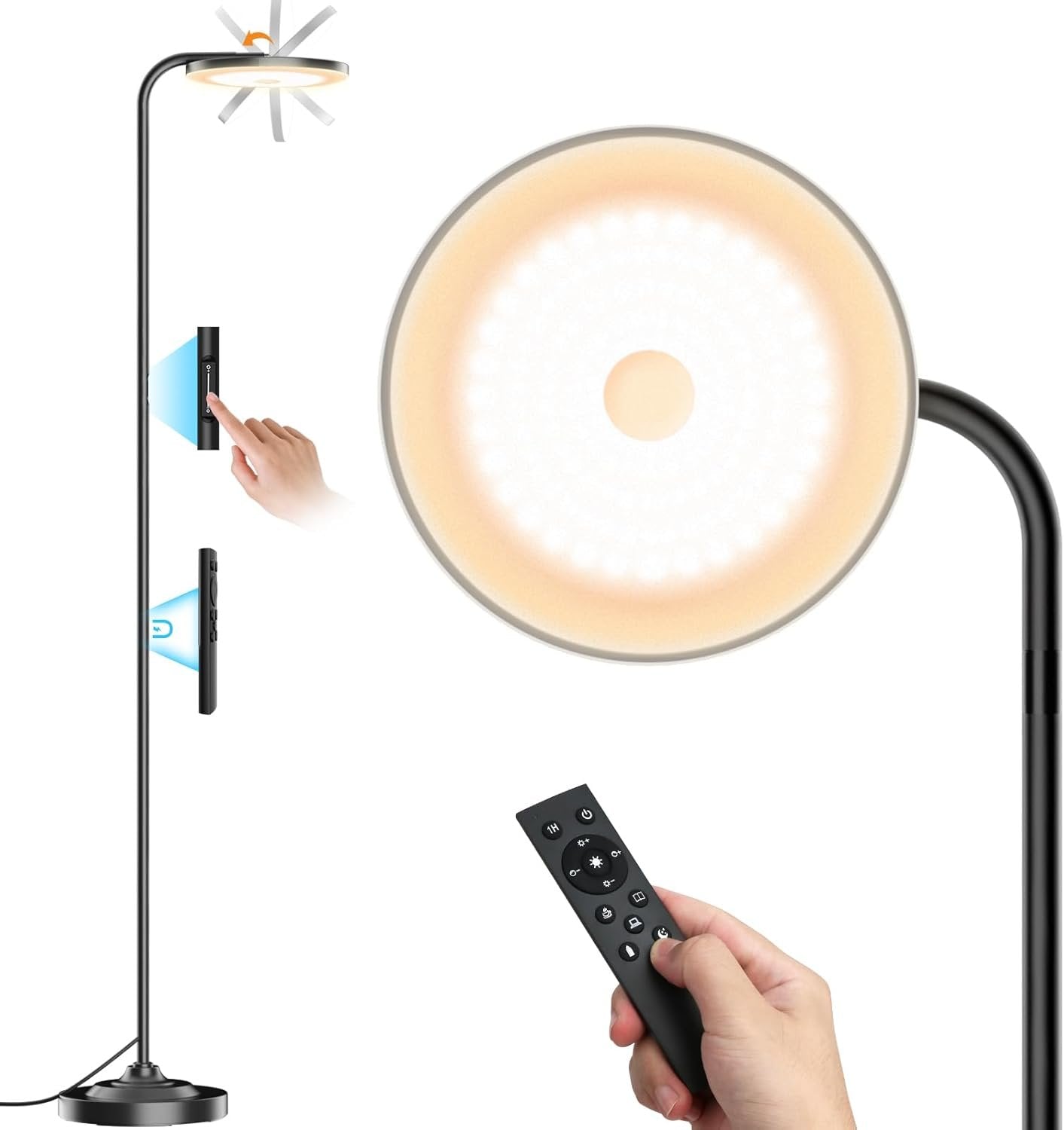 SIBRILLE 36W LED Floor Lamp, Super Bright Standing Lamp, Modern Stepless Dimmable Torchiere Tall Lamp with Remote Control, 350°Rotating Head Reading Floor Lamp for Living Room,Bedroom,Office