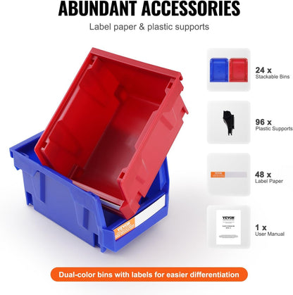 VEVOR Plastic Storage Bin, (5-Inch x 4-Inch x 3-Inch), Hanging Stackable Storage Organizer Bin, Blue/Red, 24-Pack, Heavy Duty Stacking Containers for Closet, Kitchen, Office, or Pantry Organization