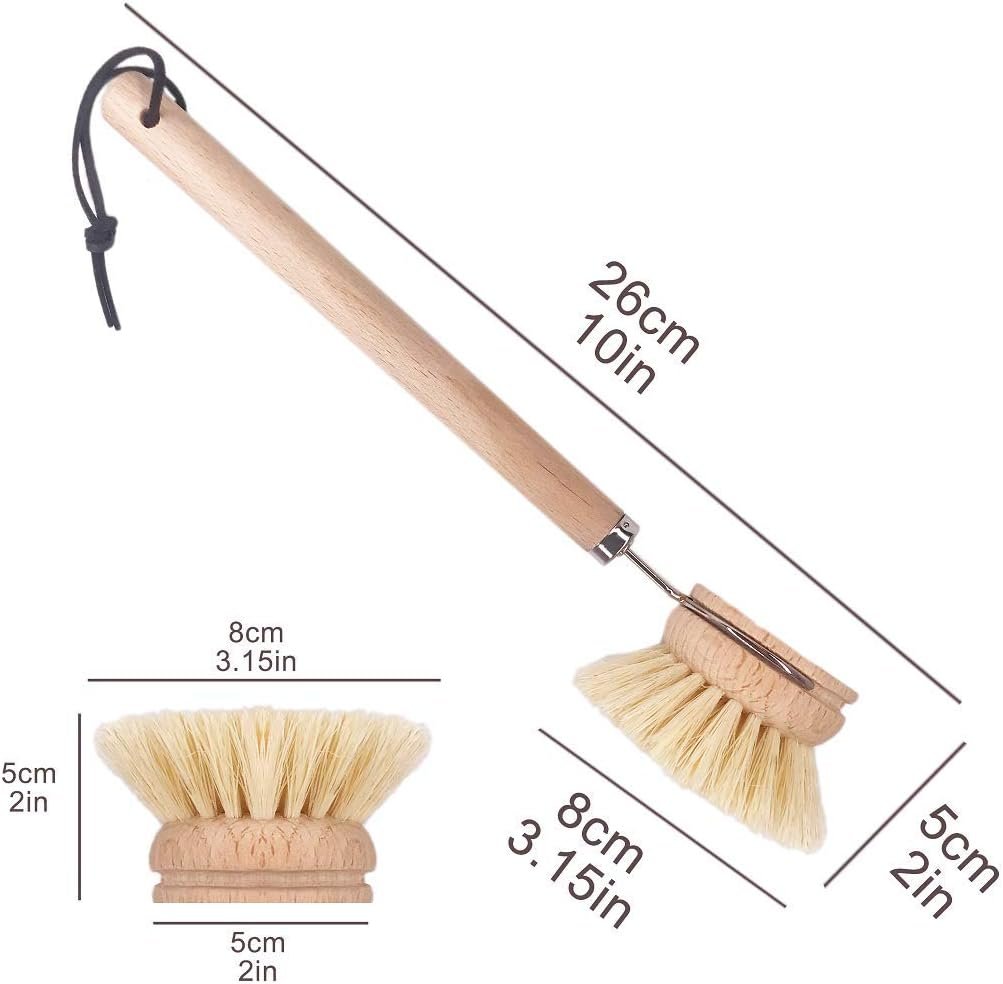 AMERWASH PLUS Dish Brush with Wooden Handle, Natural Kitchen Brush for Dishes Vegetable, Pots and Pans, Tampico Fiber Bristles Scrubber, Extra 3 Pack Replacement Head Included