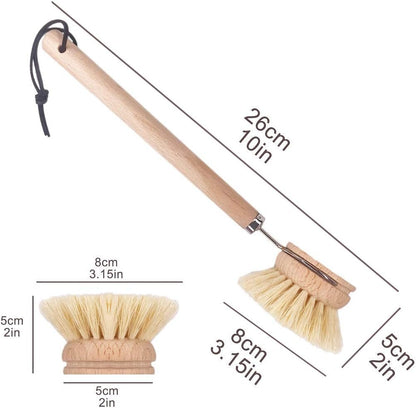 AMERWASH PLUS Dish Brush with Wooden Handle, Natural Kitchen Brush for Dishes Vegetable, Pots and Pans, Tampico Fiber Bristles Scrubber, Extra 3 Pack Replacement Head Included