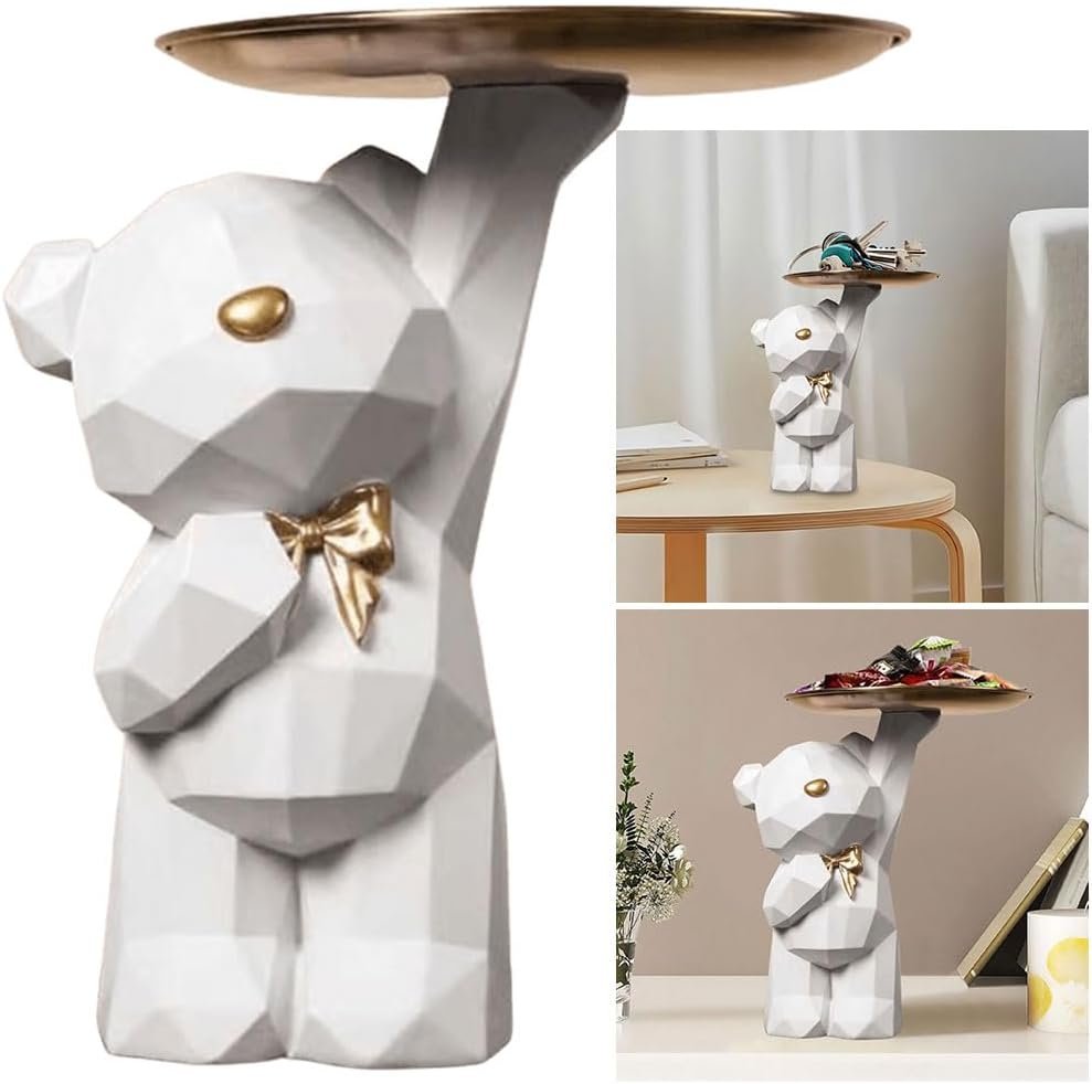 Starnearby Statua Orso Geometrico con Vassoio, Svuotatasche da Ingresso Design, Vassoio Portachiavi Ingresso, Ciotola per Chiavi, Statuetta con Vassoio Figurina Orso