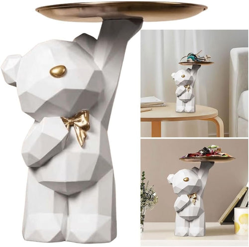 Starnearby Statua Orso Geometrico con Vassoio, Svuotatasche da Ingresso Design, Vassoio Portachiavi Ingresso, Ciotola per Chiavi, Statuetta con Vassoio Figurina Orso