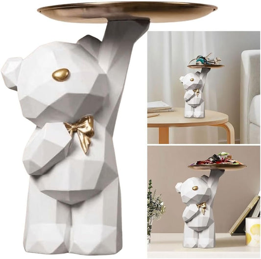 Starnearby Statua Orso Geometrico con Vassoio, Svuotatasche da Ingresso Design, Vassoio Portachiavi Ingresso, Ciotola per Chiavi, Statuetta con Vassoio Figurina Orso