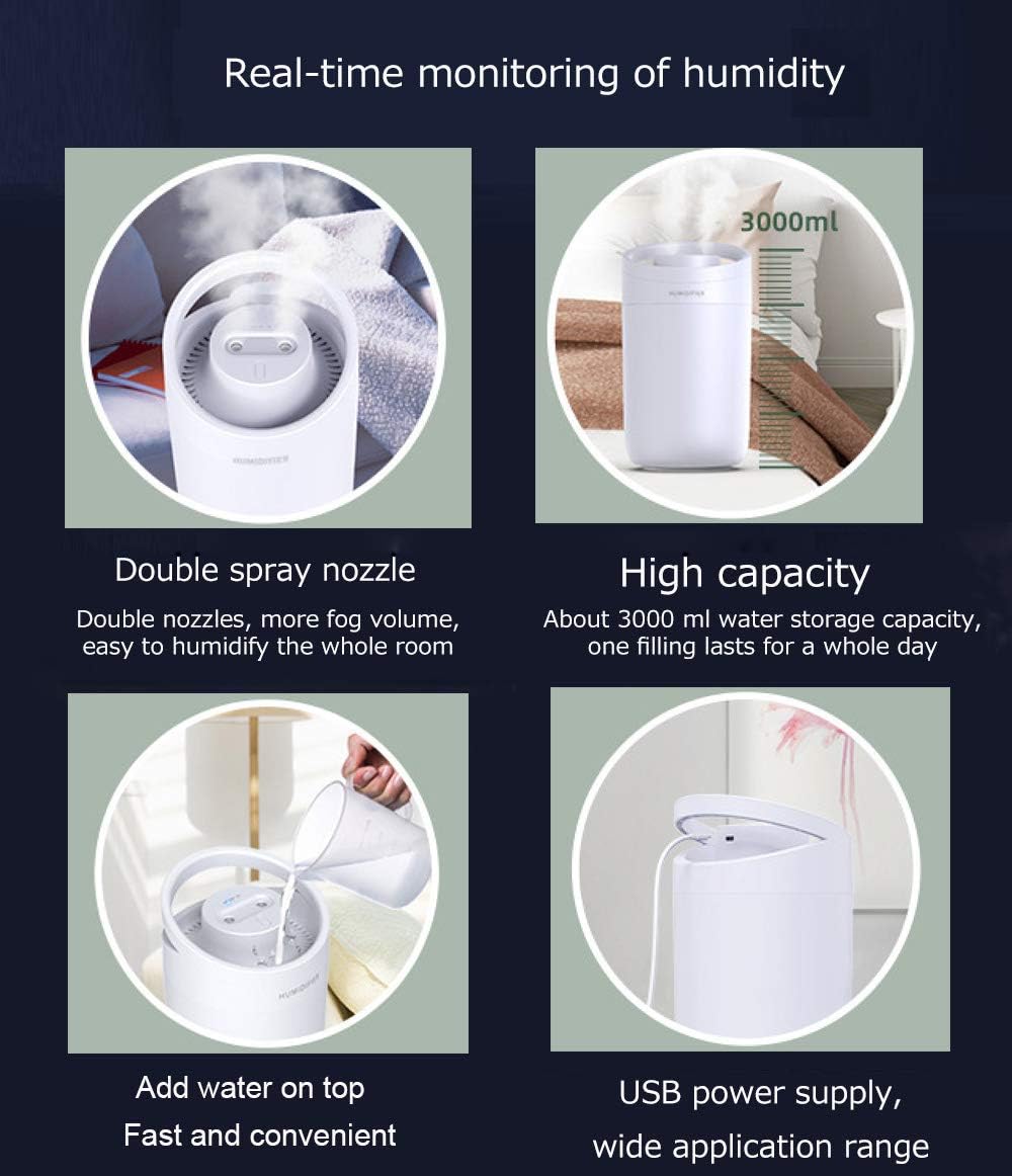 Air Diffuser Humidifier, for Home Office Essential Oils Aroma Scented Oil Diffusers Cool Mist Humidifier 2 nozzles and 3 humidification modes for 30 hours continuous humidification (3L large capacity)