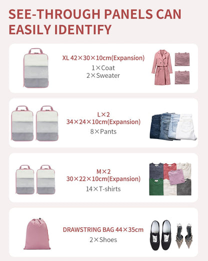 ECOHUB 6 Pieces Space Saving Compression Suitcase Organiser Travel Set with Shoe Covers, Dividers for Hand Luggage, Lightweight, Pink