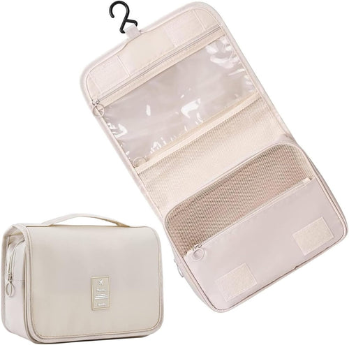 JCZD Hanging Toiletry Bag, Travel Wash Bag for Women Portable Folding Cosmetic Organizer Large Capacity Girls Makeup Bag Waterproof Shower Bag with Separate Compartment (Beige)