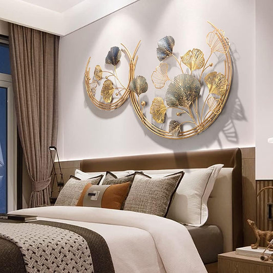 3D Handmade Metal Wall Art Decor,Golden Ginkgo Leaves Metal Wall Decor with Frame, Gold Metal Art Wall Sculpture for Study Living Room Bedroom Artwork Hotel Decor Indoor Outdoor, 110 X 67cm