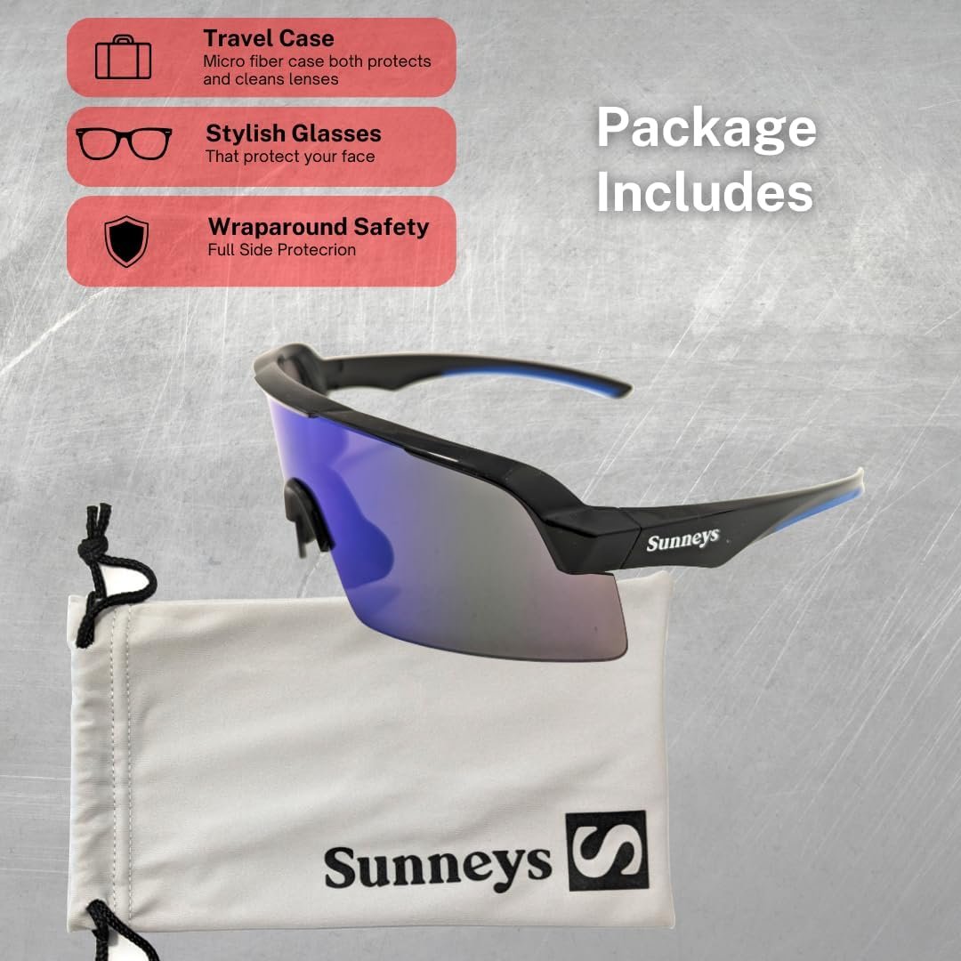 Sunneys Safety Sunglasses, Rangers, Wraparound, ANSI, Z87+, Non-Slip, Anti Fog, Black Frame/Mirror Lens, Case included, Shooting, Cycling, Travelling, Anti Pollen Goggles, Eye Protection (black, blue)