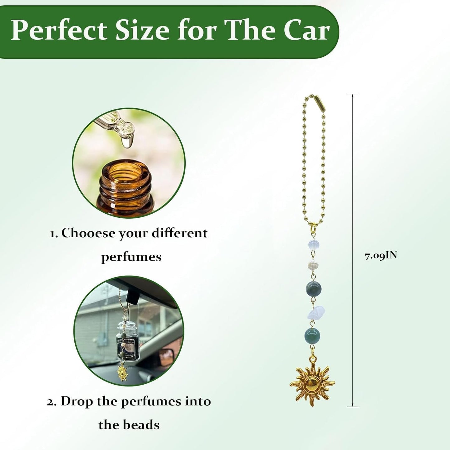 Sun Hanging Car Charm,Green and Gold Rear View Mirror Accessories Cute Boho Dangling Sun Car Decor Handmade Healing Crystals Stones Ornament Gifts for Women Men (Green)