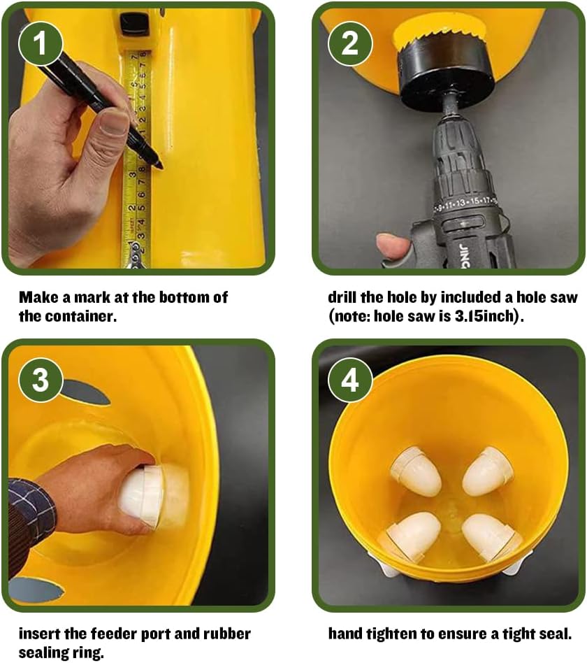 Chicken Feeder Kit, No Waste Waterproof Automatic Poultry Feeder 4 Ports 1 Hole Saw with Covers for Buckets, Bins, Troughs