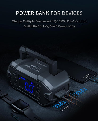 Portable Car Jump Starter 3000A with Air Compressor 12V Battery Jumper Emergency for 8.0L Gas & Diesel Engines Power Booster Start Boost Charger Box and Power Bank, for All Weather