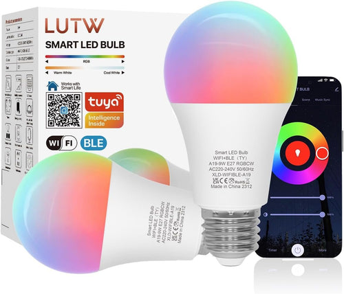 LUTW Smart Light Bulb, E27 Screw LED Bulb Colour Changing, Compatible with Alexa, Google Home, 9W 900lm RGBCW 2700K-6500K Bluetooth &WiFi 2.4GHz, Pack of 2 (No Hub Required)