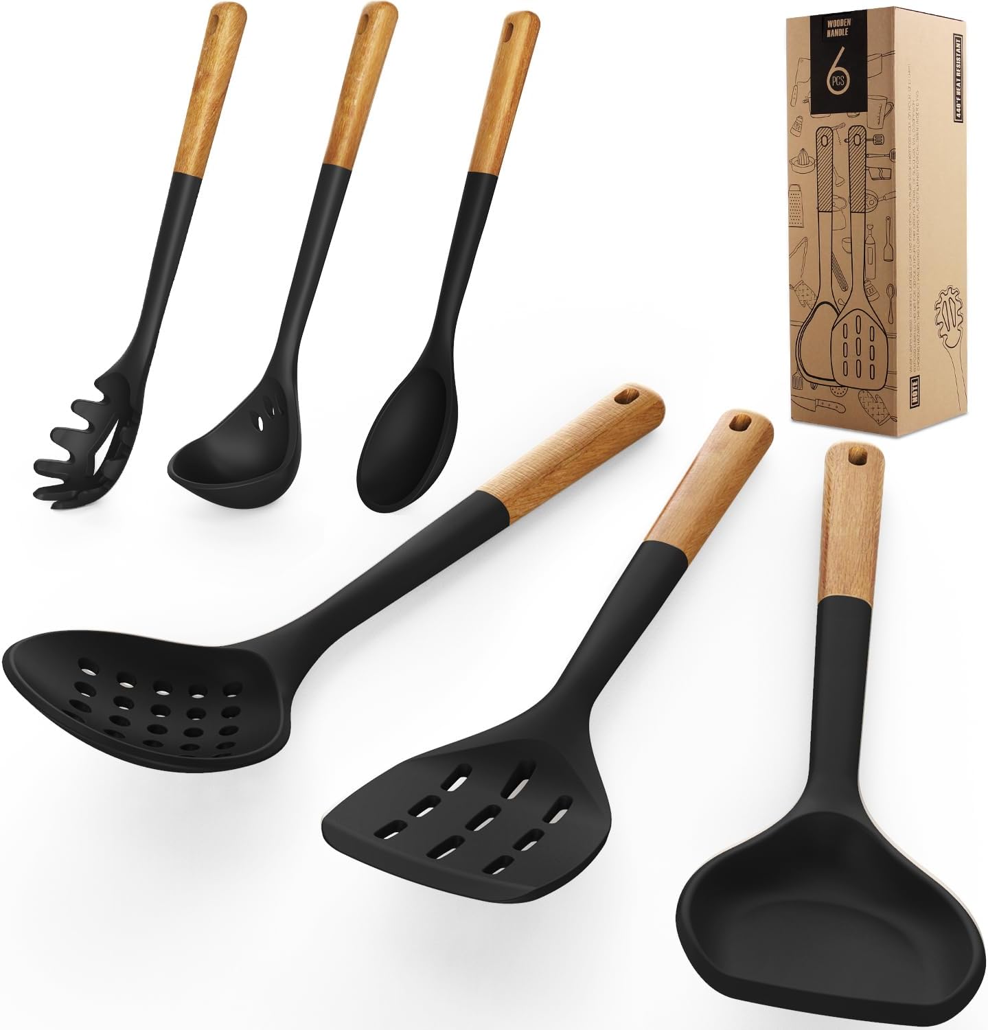 Silicone Cooking Utensils - Kitchen Utensil Set with Holder,Slotted/Solid Spoon,Turner,Spatula,Pasta Server,Deep Soup Ladle,Wooden Handles Kitchen Gadgets Tools Set,Non-Stick Cookware Friendly (Grey)