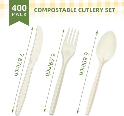 Compostable Cutlery Set 400 Pack Disposable Cutlery- 200 Forks 100 Spoons 100 Knives 7 Inch Biodegradable Utensils Set Heavy Duty Biodegradable Cutlery (Cornstarch, 400pcs Cutlery)