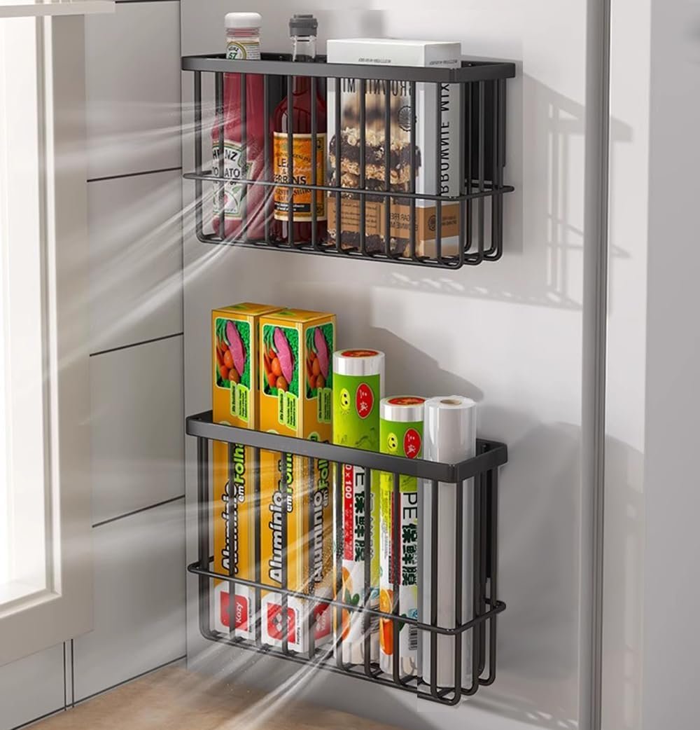 EigPluy 2 Pieces Kitchen Cabinet Door Storage Box, Self-Adhesive Storage Box, Wall Mounted Metal Storage Boxes,Cabinet/Bathroom/Fridge Small Items Organiser Storage Box (Black)