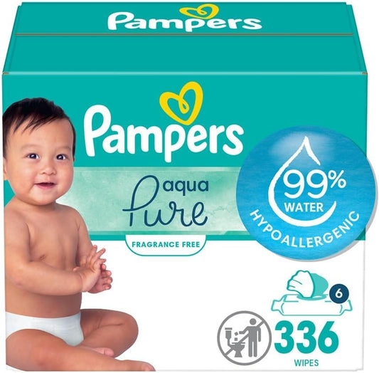 Pampers Baby Wipes, Aqua Pure Sensitive Water Baby Diaper Wipes, Hypoallergenic & Unscented, 336 total wipes