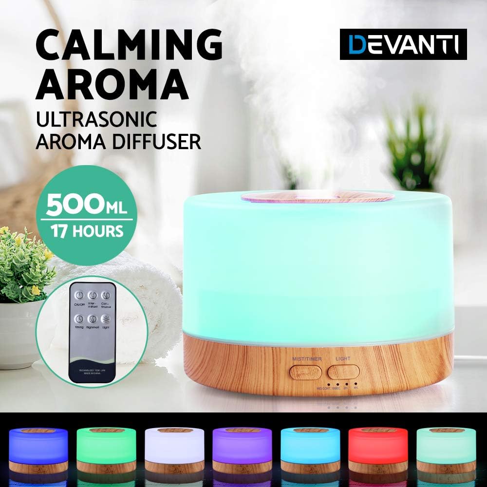Devanti Aroma Diffuser, 500ml Wood Air Humidifier Purifier Essential Oils Car Airs Freshener Vaporizer Aromatherapy Diffusers Scent Booster Home Office Bedroom Humidifiers Steam, 7 LED Light