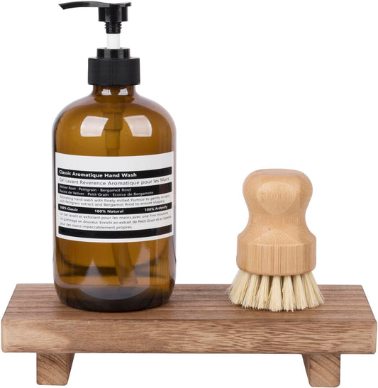 zoocatia Small Wood Tray Pedestal Stand Farmhouse Bathroom Decor Decorative Wooden Riser Kitchen Soap Dish Holder for Vanity, Counter, Sink, Brown