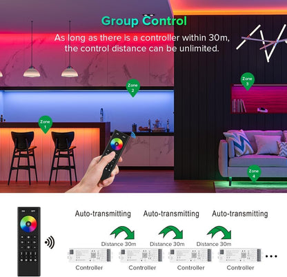 FCOB 5in1 WB5 2.4GHz WiFi PWM LED Controller Compatible with Alexa Google Home Smart Life Tuya Smart APP Control for Dimming CCT RGB RGBW RGBCCT LED Strip Work with WR01RF WR02RF etc RF Remote