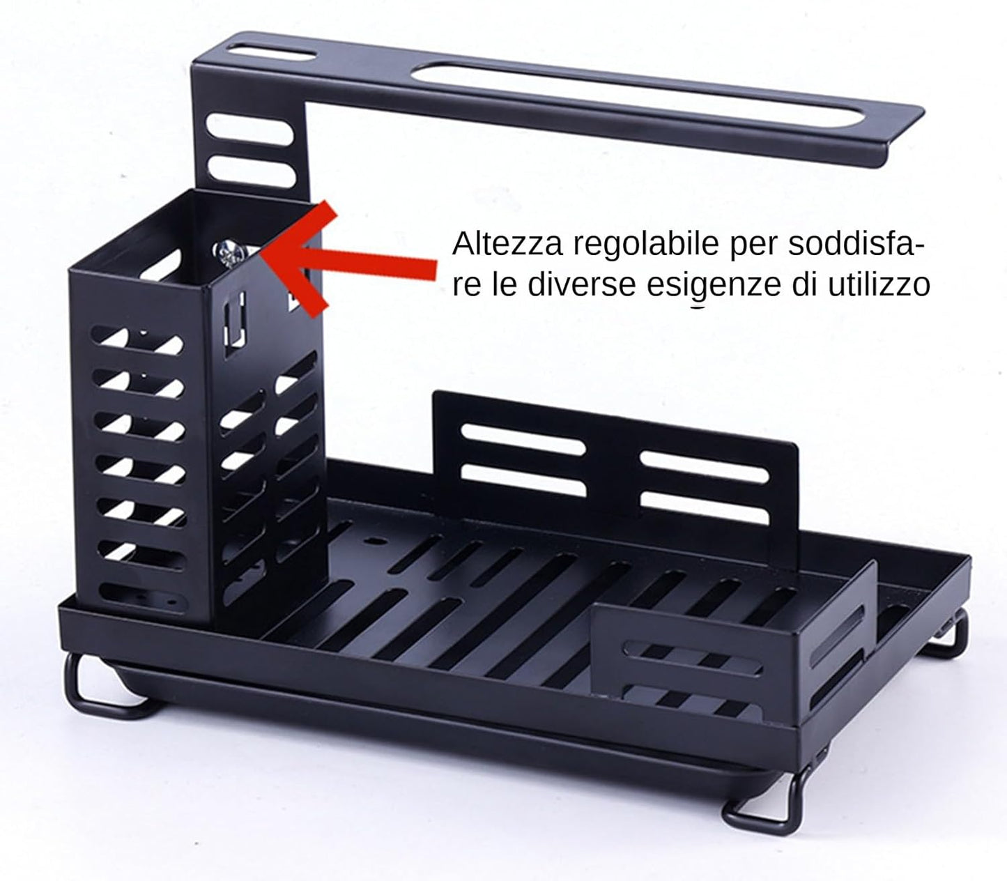 Sink Dish Rack, Carbon Steel Drying Shelf, Adjustable Height Organizer, 9.72x5.91x5.71 Inches Drain Tray Base, Black Finish, for Sponge, Soap, Brush, Kitchen Cleaning Accessories