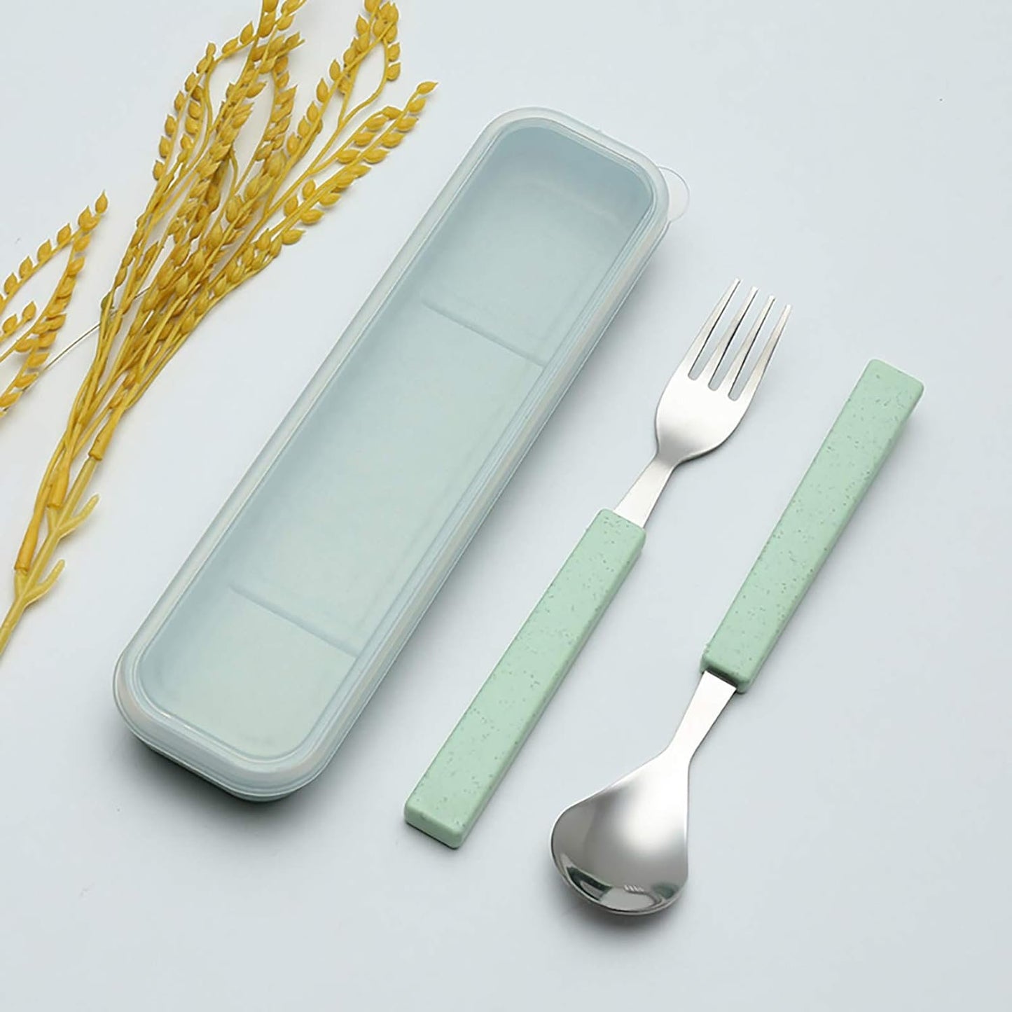 VANRA 2-Piece Children Flatware Set 18/10 Stainless Steel Child Tableware Set Silver Cutlery Set Silverware Dinner Utensils Spoon Fork Set with Travel Case for Kids Toddlers (Chrome Finished) (Green)