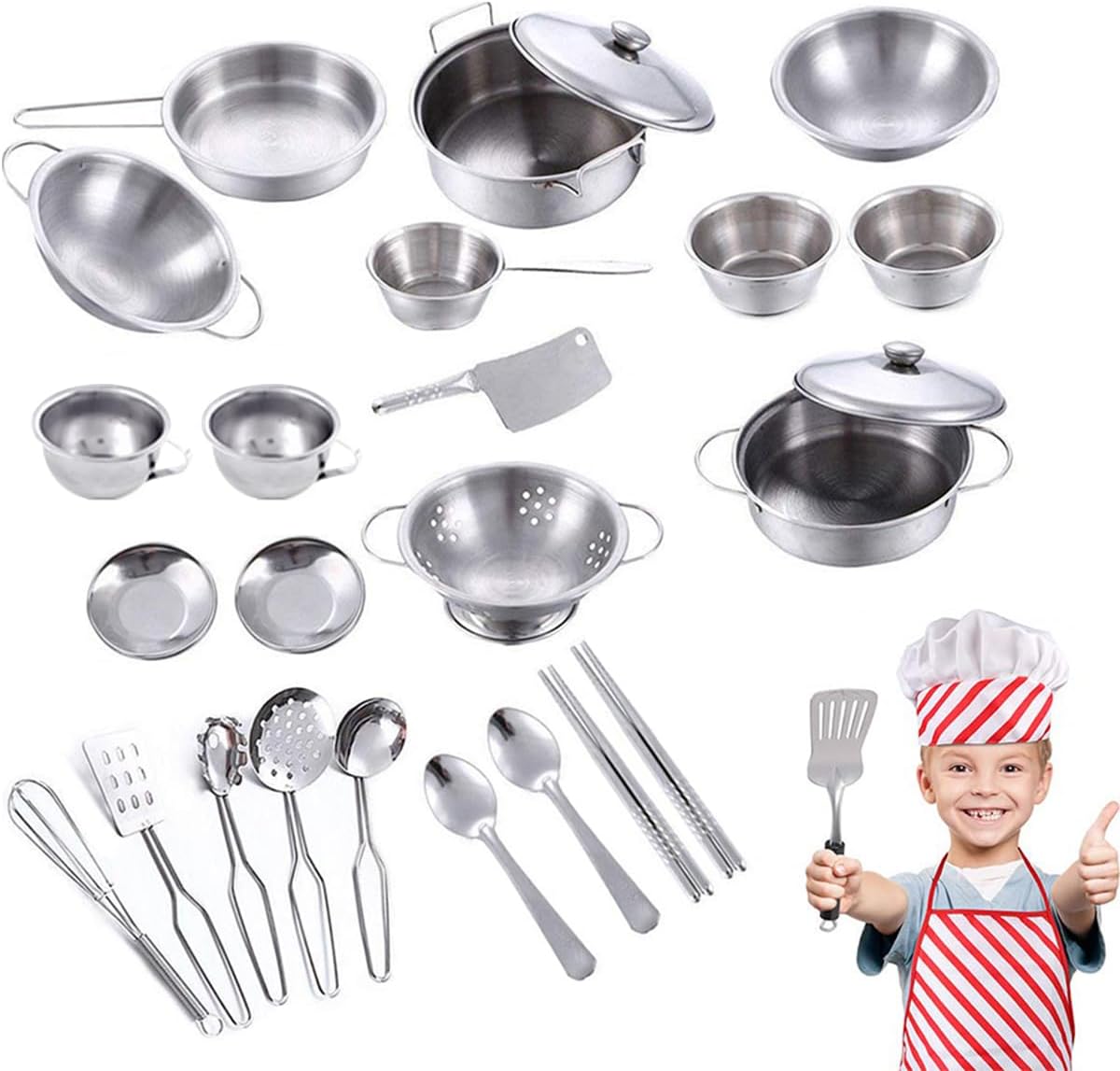 Hnvdkln 25Pcs Pretend Play Kitchen Cookware Playset - Stainless Steel Pots, Pans, and Cooking Utensils for Kids' Learning and Play