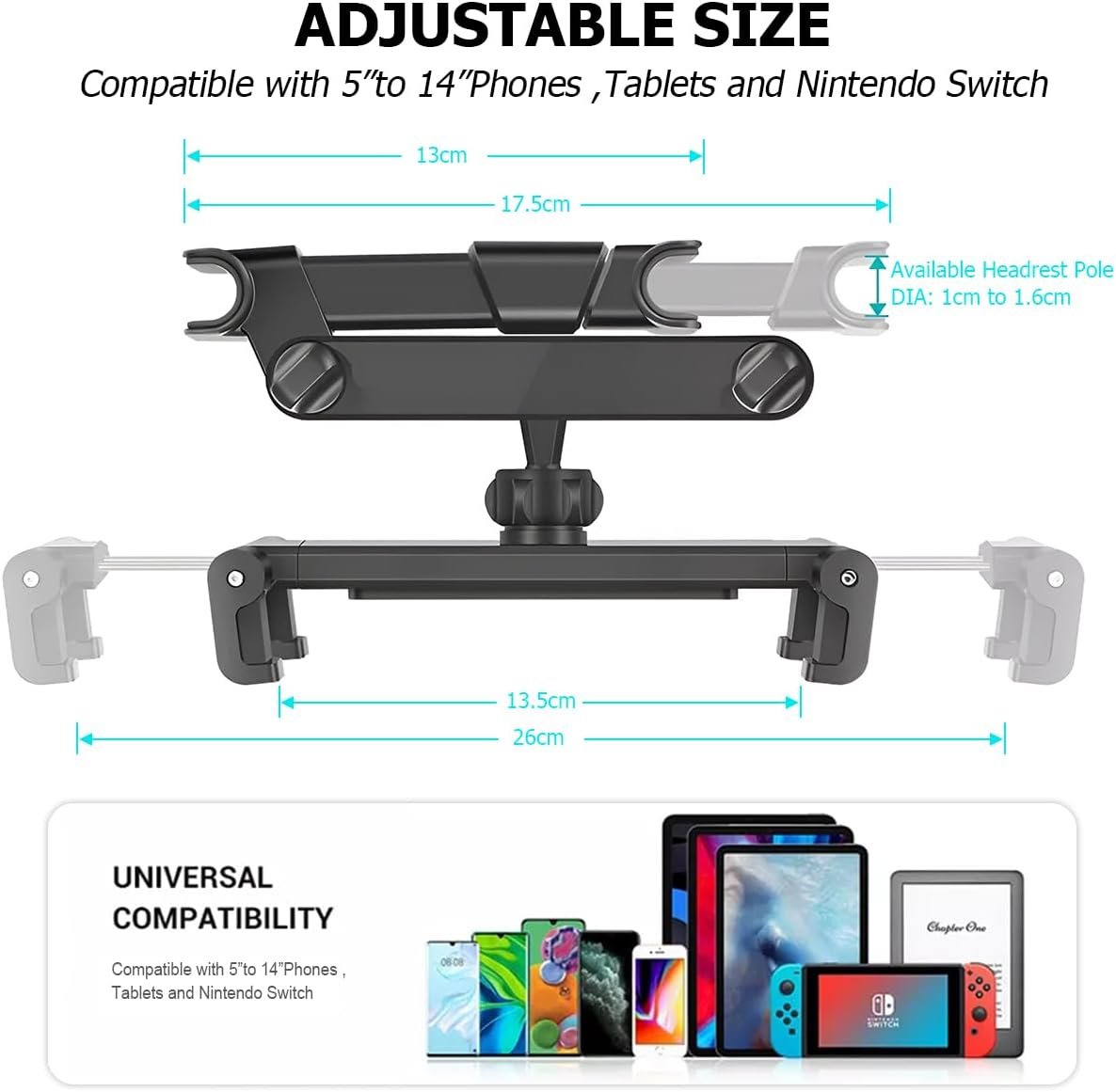 JNNJ Universal 360 Degree Rotation Adjustable Car Seat Headrest Tablet Holder for Smartphones and Tablets