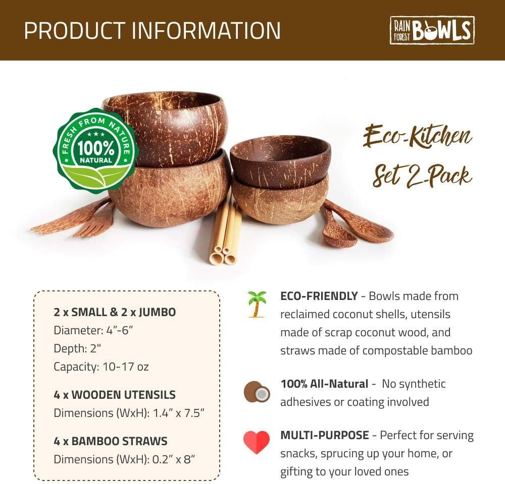 Rainforest Bowls Eco-Kitchen Set 2-Pack - Small & Jumbo Original Coconut Bowls + Coconut Wood Utensils + Bamboo Straws - Earth-Friendly, 100% Natural - Zero-Waste Gift for Green Kitchens
