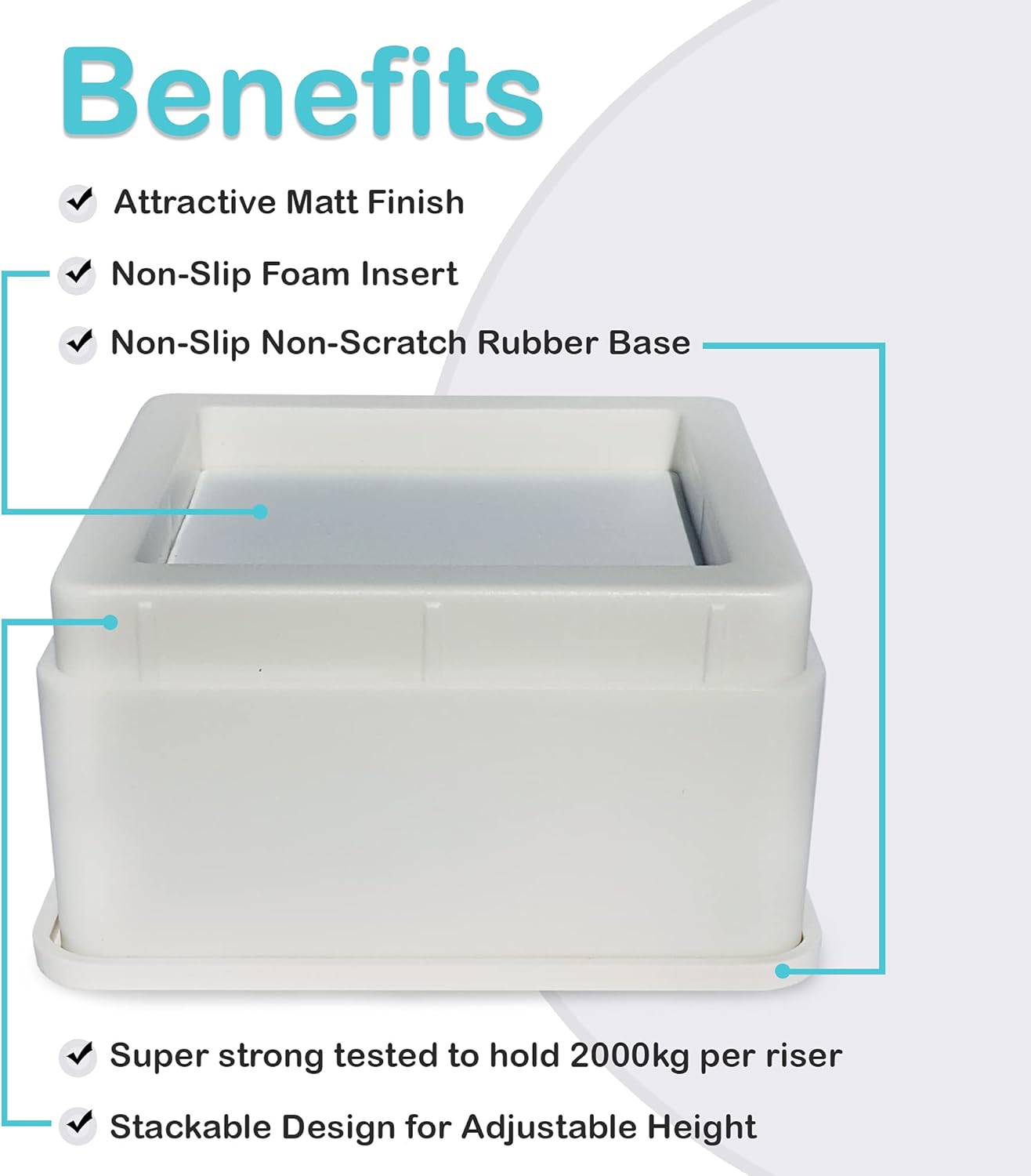 Regal Risers - Bed Risers, Set of 4, Stackable 5cm (2") high - Stylish, Modern Furniture Risers with Non-Scratch, Non-Slip Base - Extra Sturdy for Couch, Chair, Table and Beds (White)