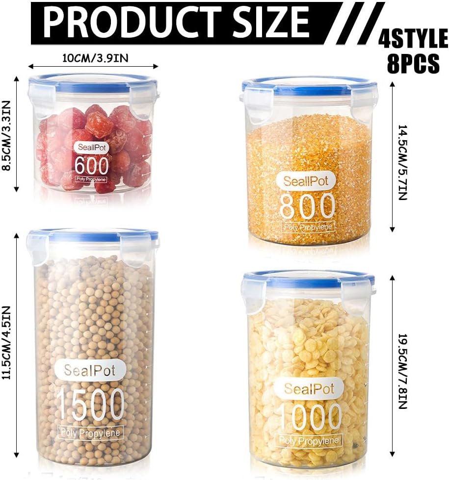 8 Pack Pantry Storage Containers with Lids for Rice Beans Coffee Seeds Nuts - Keep Your Kitchen Organized and Your Food Fresh ! Total 7800ml