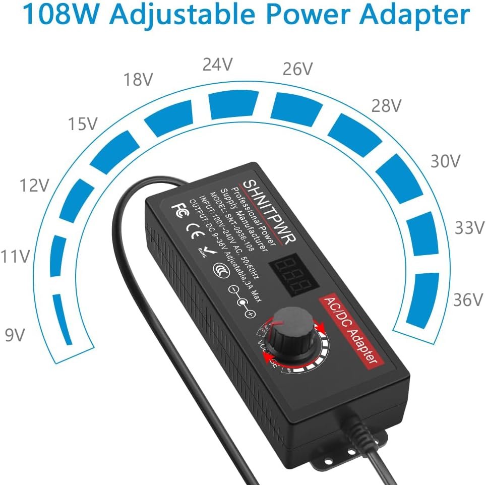 SHNITPWR Universal Power Supply Adjustable DC 24V 12V 9V 14V 19V 30V 36V AC Adapter Multi-Voltage 9V ~ 36V 3A 108W Power Adapter 100V~240V AC to DC Variable Power Converter 14 Tips 5.5x2.5mm