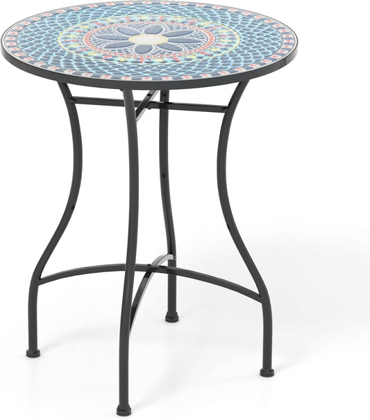 Giantex 24 Inch Patio Bistro Table, Mosaic Round Table w/Ceramic Tile Tabletop, Heavy-Duty Metal Structure, Outdoor Dining Table for Backyard, Garden, Porch (Multicolor (Floral Pattern))