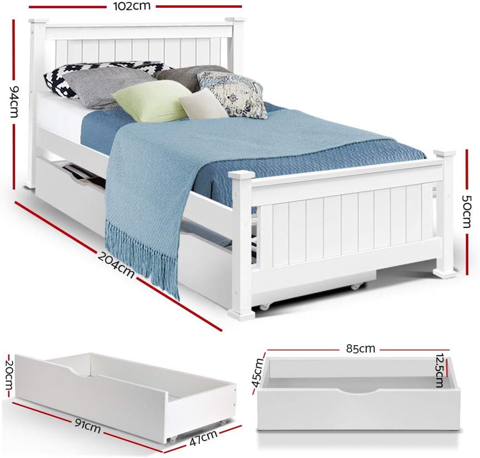 Artiss Single Bed Frame Platform Wooden Timber Frames Beds Base with 2 Drawers Bedroom Room Decor Home Furniture White with Reinforced Bracket Support for Kids, Toddler and Adult, Modern Design