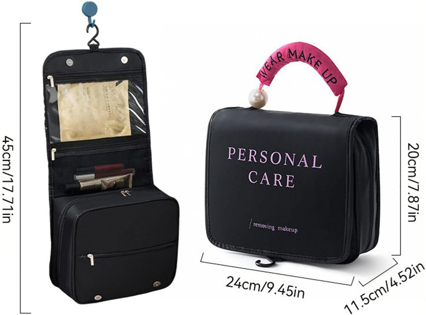 Portable Travel Toiletry Bag, Waterproof Makeup Organizer, Compartmented Storage, Lightweight Design, Multiple Pockets, Crafted from Polyester Material, 9.45x4.53x7.87in/9.45x4.53x17.72in