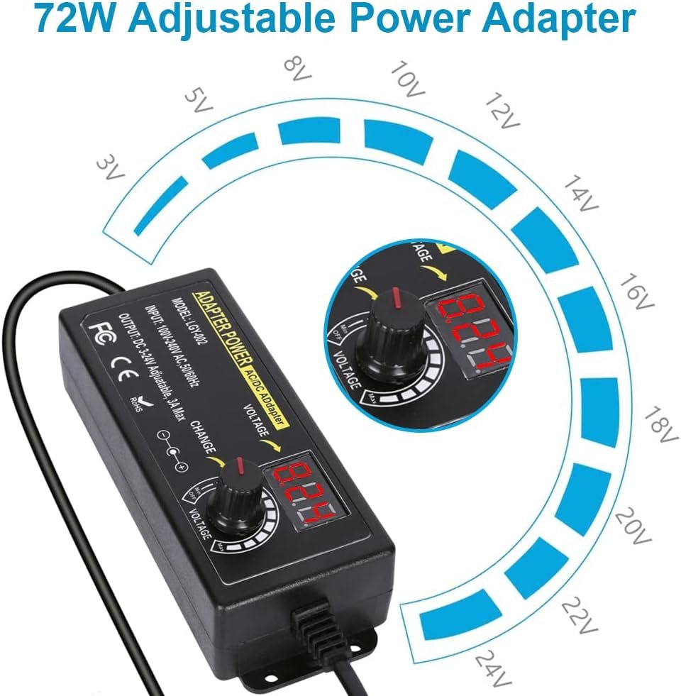 72W Power Supply Adjustable DC 3V ~ 24V Variable Universal Switching AC/DC Adapter 100V-240V AC to DC Converter with 14 Tips & Polarity Converter, for 3V to 24V Household Electronics - 3000mA