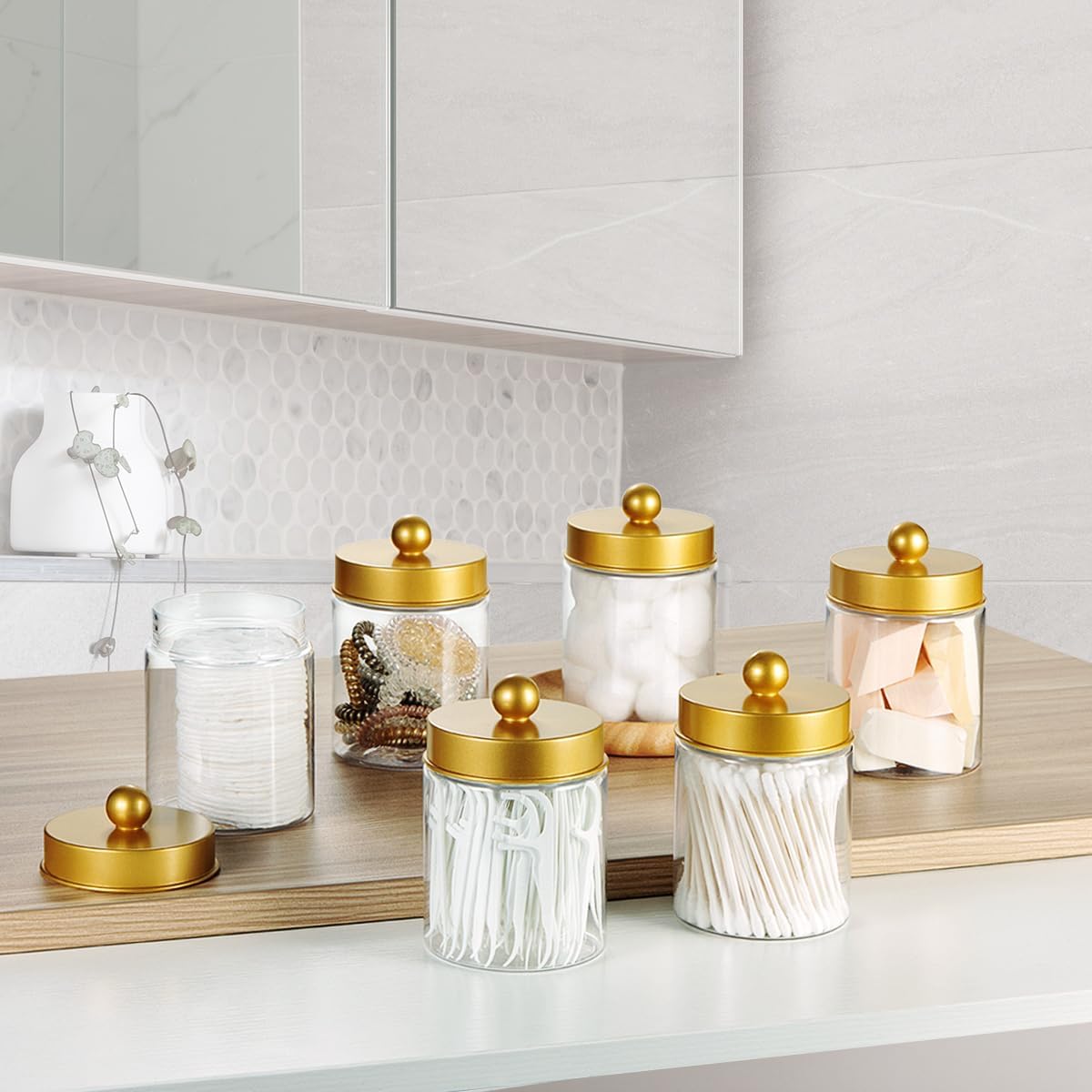 Amolliar Qtip Holder Dispenser - 8 oz Plastic Apothecary Jar Containers for Vanity Makeup Countertop Organizer Storage -Bathroom Canister Accessories Set for Cotton Swab, Ball, Pads, Floss-Gold (4)