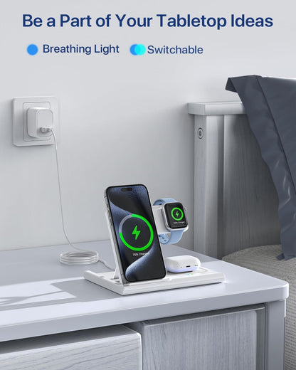 EXW Wireless Charging Station, 3 in 1 Charging Station for Apple Devices, Wireless Charger for iPhone 16 15 14 13 12 11 Pro & Max Series, AirPods Pro/4/3/2, Apple Watch (White)