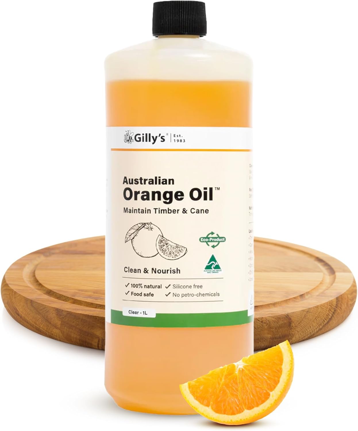 Gilly's Orange Oil 1 Litre | All-Purpose Natural Finish for Wooden Chopping Boards, Cutting Boards & Furniture | Essential Oil Blend for Cleaning, Restoring Cane, Bamboo & Wooden Surfaces