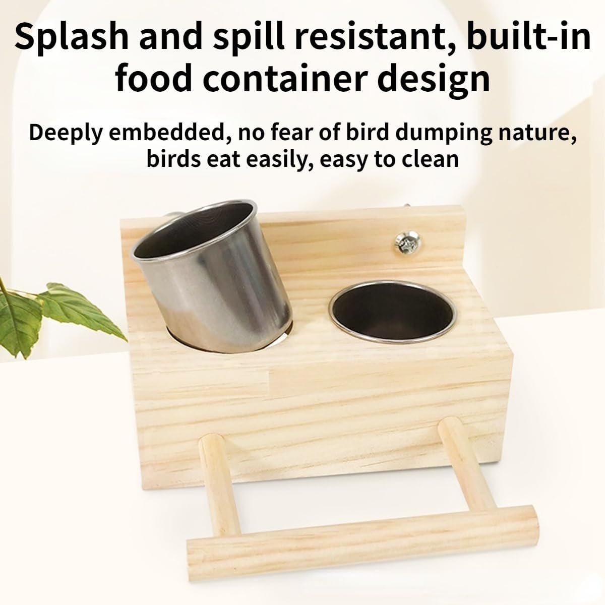 Bird Food Stainless Steel Cups Wooden Perch Stand Hanging Feeder Bowls Feeding and Watering Supplies for Parakeets Conures Cockatiels Budgie Parrot (with Three Cups)