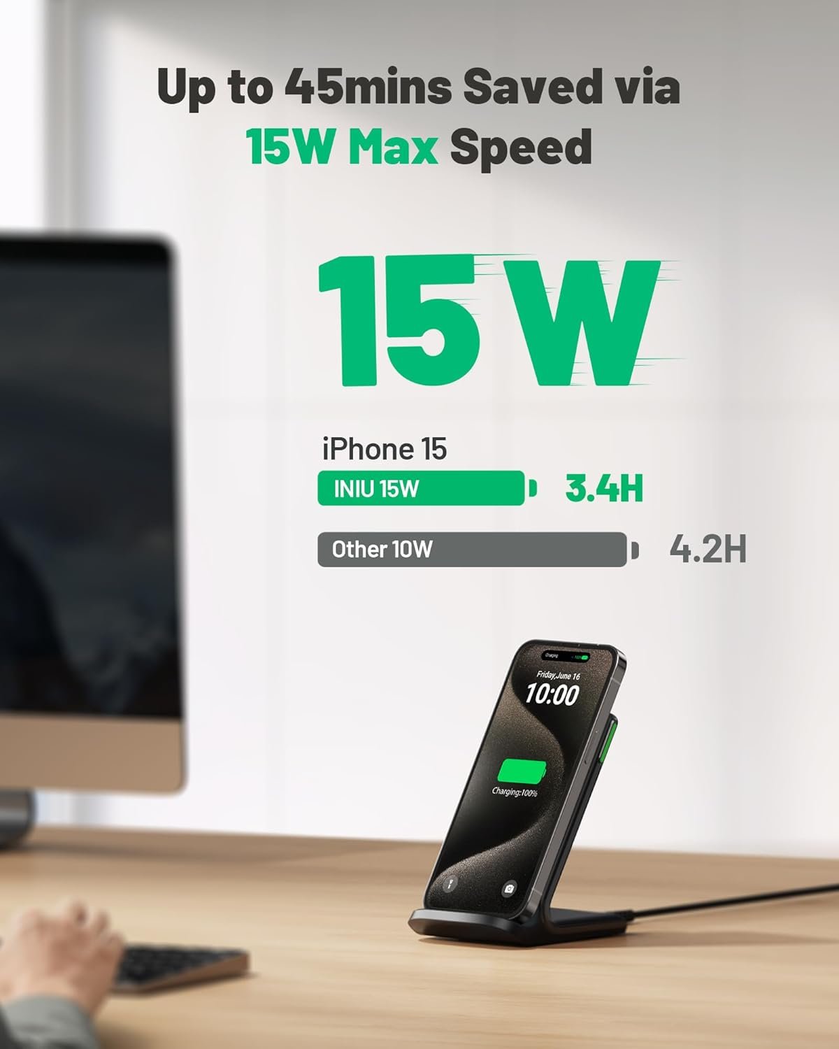 INIU Wireless Charger, 15W Qi-Certified Fast Charging Station, Wireless Charging Stock with Sleep-Friendly Adaptive Light Compatible with iPhone 16 15 Pro Max Samsung Galaxy S25 S24 Ultra Google Pixel