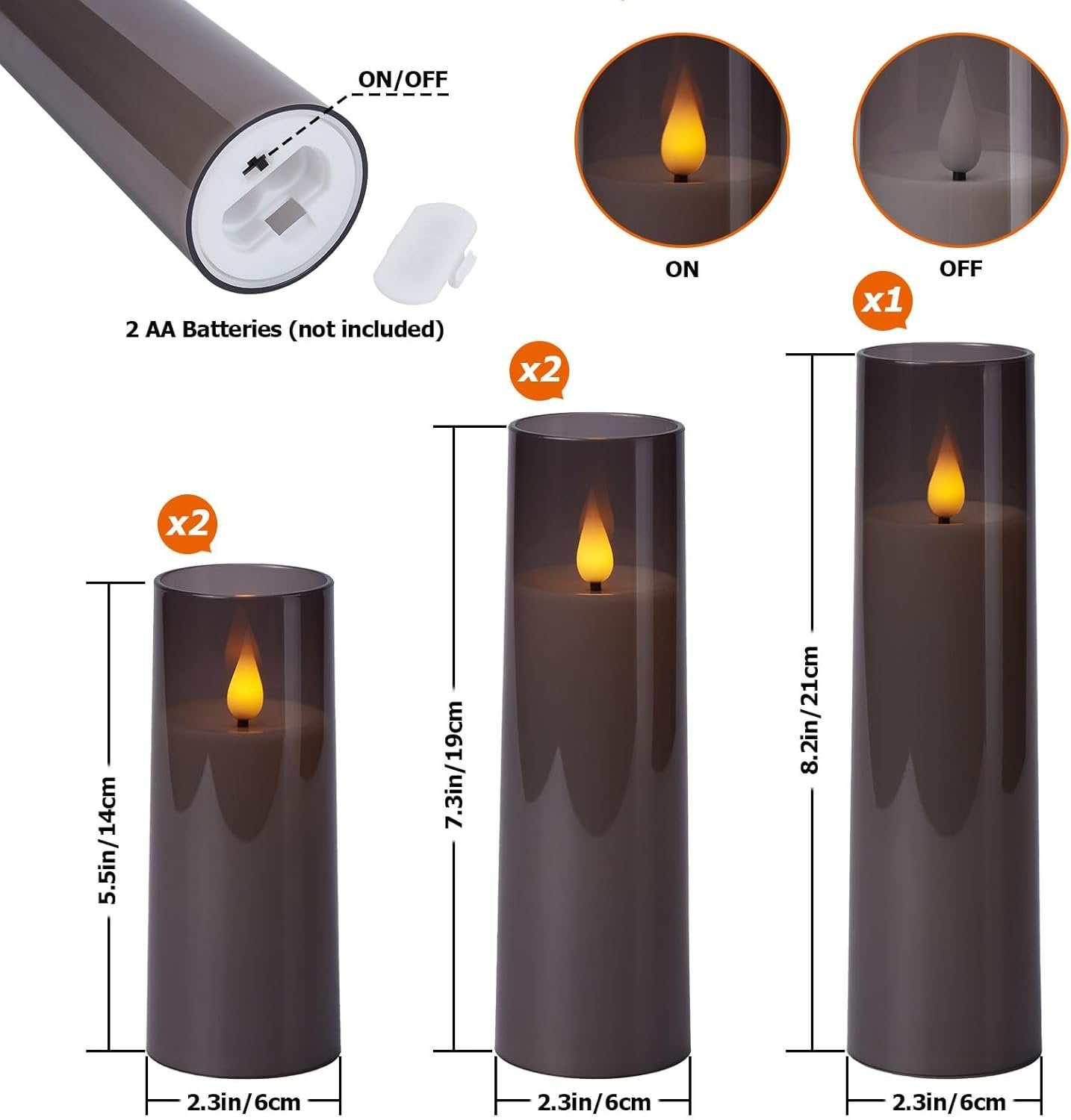 IMAGE Flickering Flameless Candles Battery Operated, Acrylic Shell Pillar 3D Wick LED Candles with 10-Key Remote Control Timer for Wedding Christmas Home Decor Set of 5 (D2.3 in X H5 5 7 7 8 in), Grey