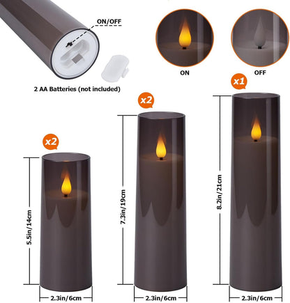 IMAGE Flickering Flameless Candles Battery Operated, Acrylic Shell Pillar 3D Wick LED Candles with 10-Key Remote Control Timer for Wedding Christmas Home Decor Set of 5 (D2.3 in X H5 5 7 7 8 in), Grey