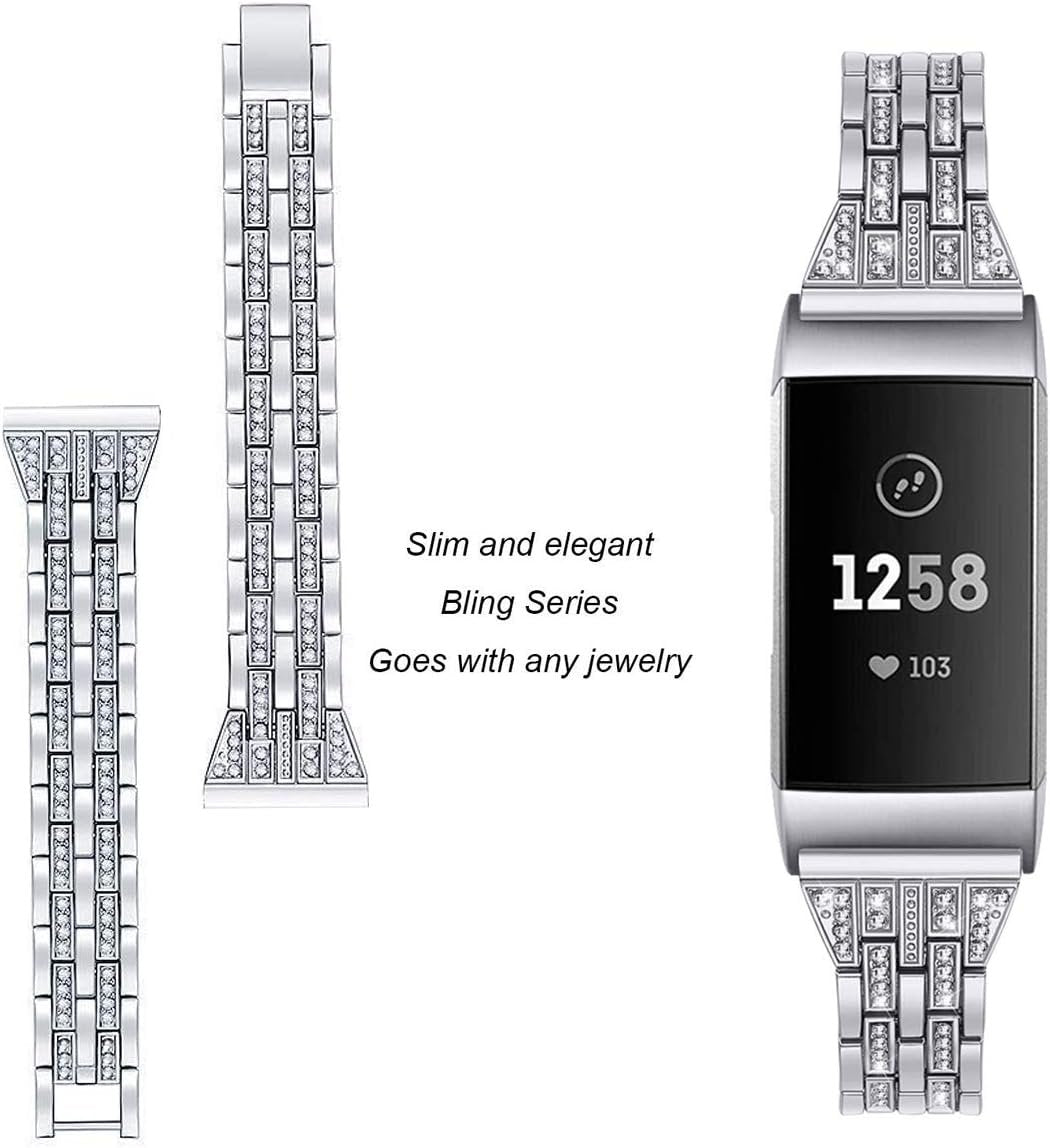 BORCHY Bling Bands Compatible with Fitbit Charge 4/Fitbit Charge 3/Fitbit Charge 3 SE Smartwatch,Rhinestone Dressy Bracelet Replacement Metal Bands with Bling Diamond Rhinestone Bracelet Metal Strap for Wristbands Jewelry Strap Women Girl