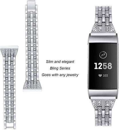 BORCHY Bling Bands Compatible with Fitbit Charge 4/Fitbit Charge 3/Fitbit Charge 3 SE Smartwatch,Rhinestone Dressy Bracelet Replacement Metal Bands with Bling Diamond Rhinestone Bracelet Metal Strap for Wristbands Jewelry Strap Women Girl