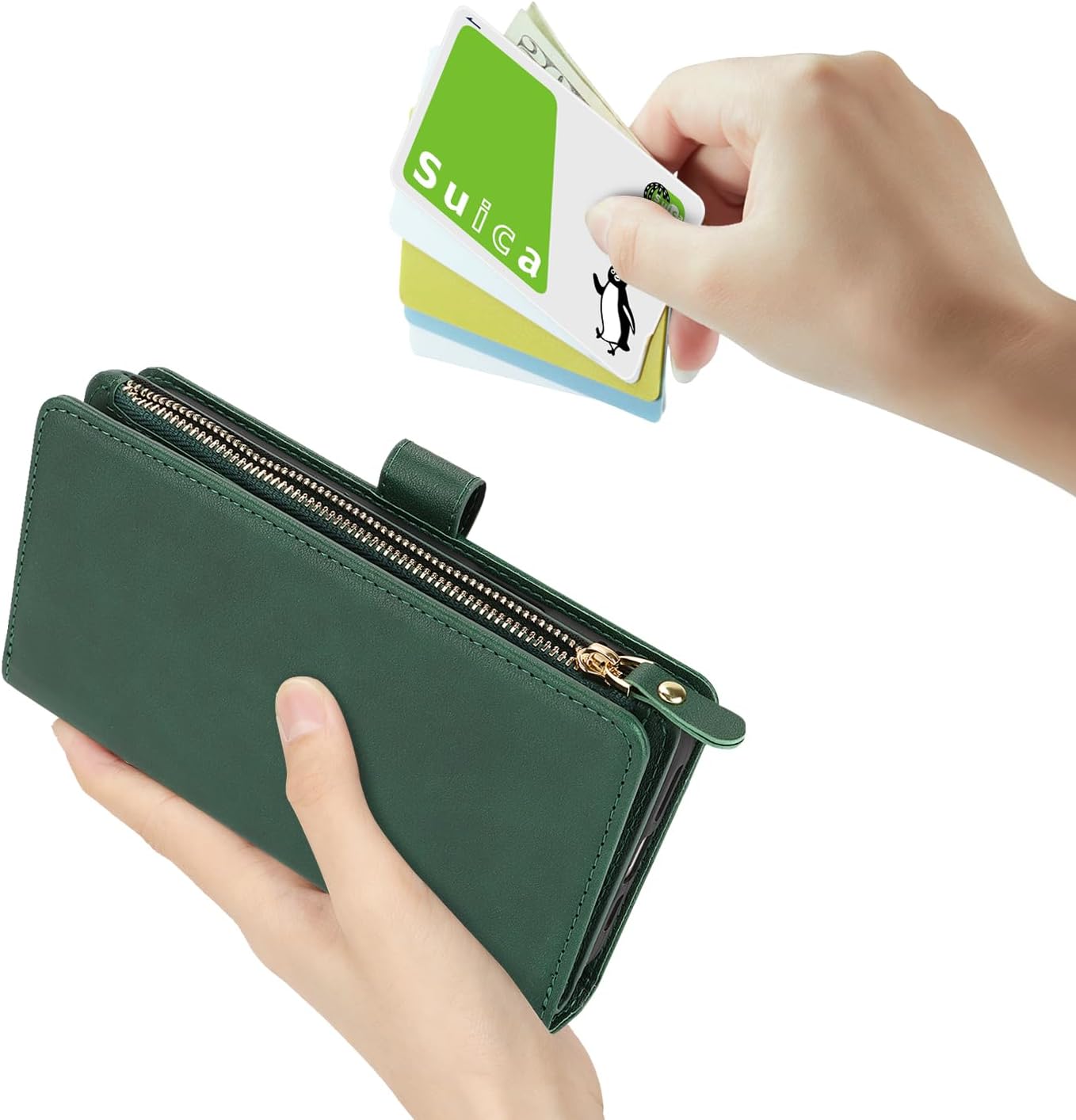 Cavor for iPhone 16 Pro Max Case 6.9 inch PU Leather Folio Flip Wallet Back Cover Magnetic Case with Long Shoulder Lanyard Zipper Coin Purse 9 Card Holder Kickstand Wristlet Strap-Green
