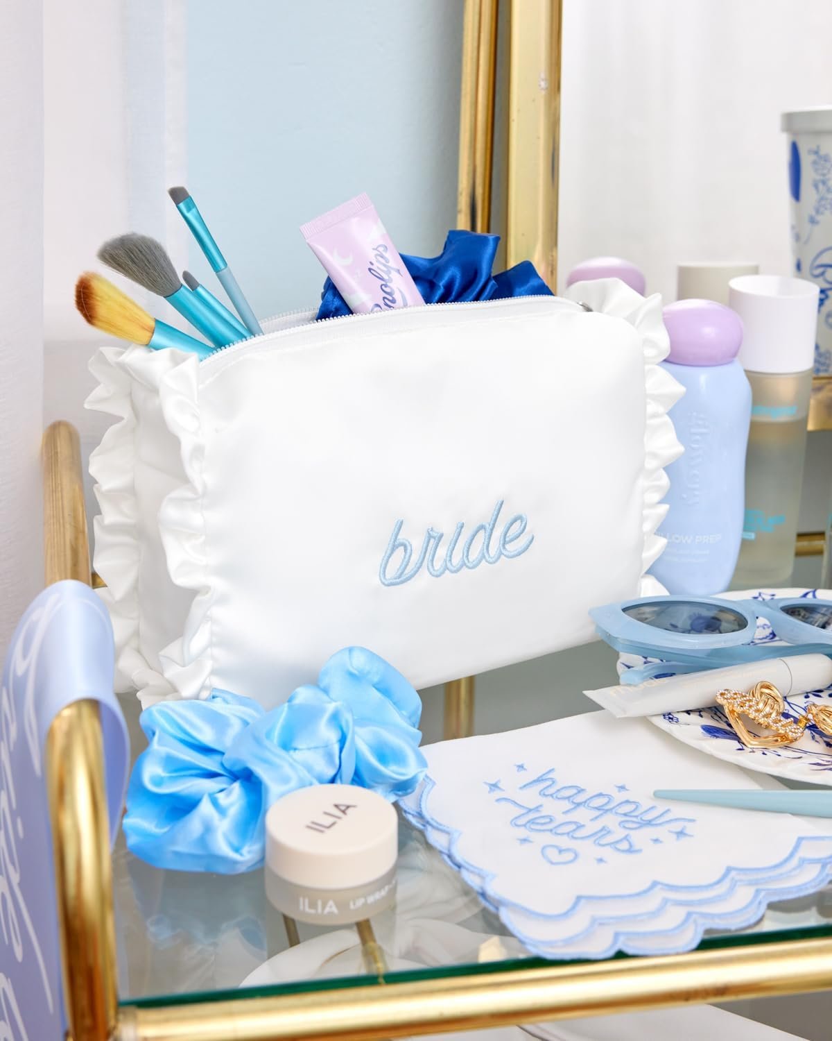 xo, Fetti White Satin Bride Cosmetic Bag | Bachelorette Party Decorations, Bride To Be Purse, Bridal Shower Accessory, GRWM Makeup Bag, White, Ruffle
