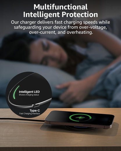 TOZO 2025 Upgraded W1 Wireless Charger 15W Max Fast Wireless Charging Pad Compatible with iPhone 15/15 Plus/15 Pro Max/14/13/SE/12 Series, Samsung Galaxy S24/S23/S22 Series (No AC Adapter), Black